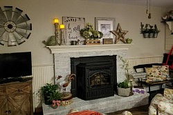 AFTER-newly renovated sitting area adjacent to Modern Farmhouse Kitchen we previously designed.  Fireplace now whitewashed.