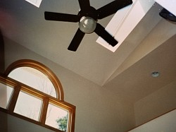 BEFORE-unreachable ceiling fan & lightly stained woodwork